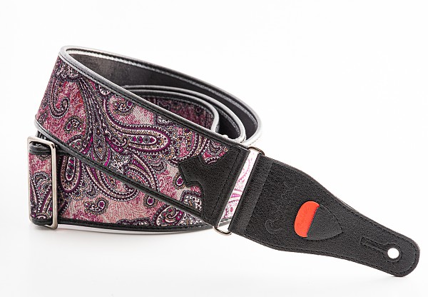 Model T-PAISLEY VELVET Burgundy. Guitar and bass strap, made of a rich and colorful velvet, with microfiber lining and synthetic leather ends with sliding adjustment system.